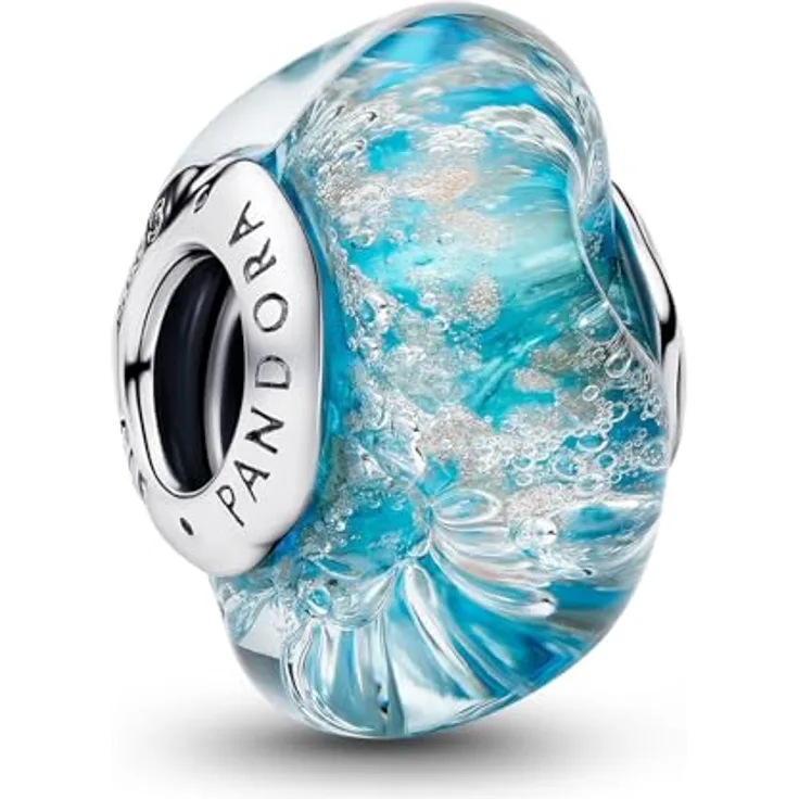 PANDORA Moments Türkisfarbenes Murano-Glas Charm, Glitzer aus Sterling-Silber, kompatibel mit Moments, 794701C01