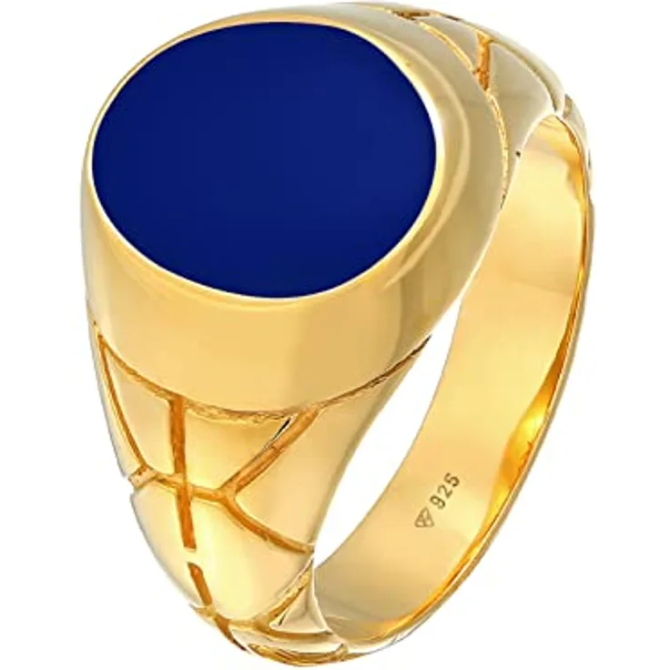 Kuzzoi Siegelring Herrenring oval Emaille blau, 925 Sterling Silber vergoldet, 13 mm breit, Ringgröße 58