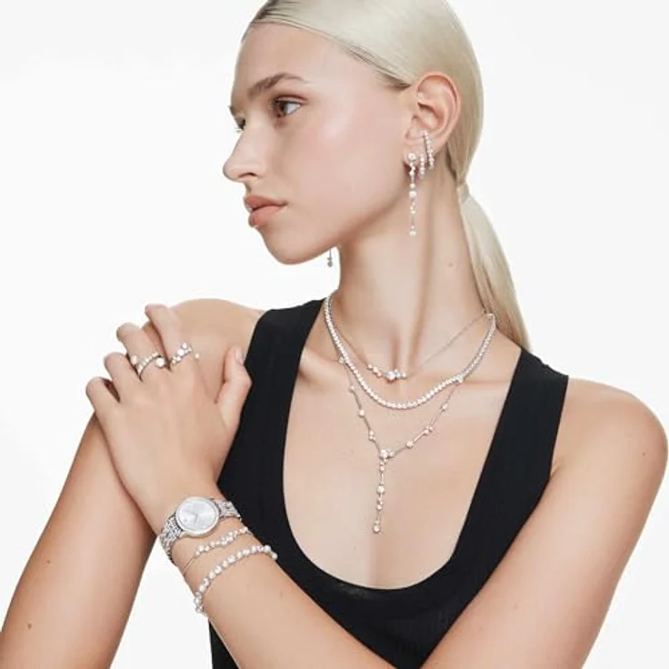 Swarovski Matrix Cocktailring, weißer rhodinierter Damenring mit Kristallperlen und Zirkonia im Rundschliff, offenes Design, Größe 50 – Bild 5