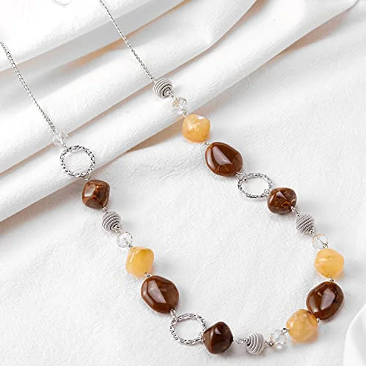 Bulinlin Silber Perplen Lange Kette, Boho Statement Chain Halskette aus Harz- und Metallperlen in Beige und Kaffee, 35+3 inches, für Damen - Modeschmuck Geschenkidee – Bild 4