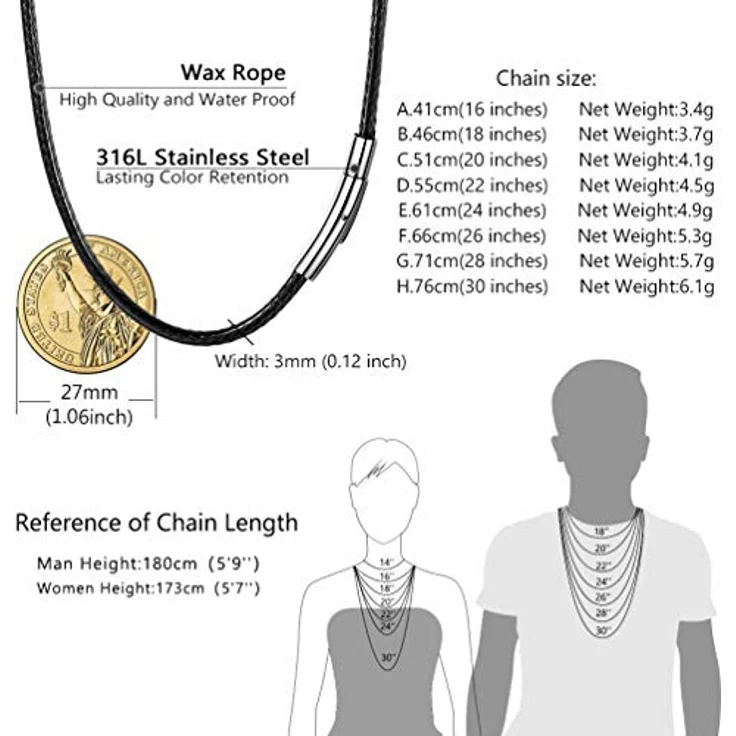 PROSTEEL Kunstleder Halskette/Armband, 3mm Schwarz geflochten, mit Edelstahlverschluss, 55cm/22 Zoll, für Damen und Herren – Bild 5