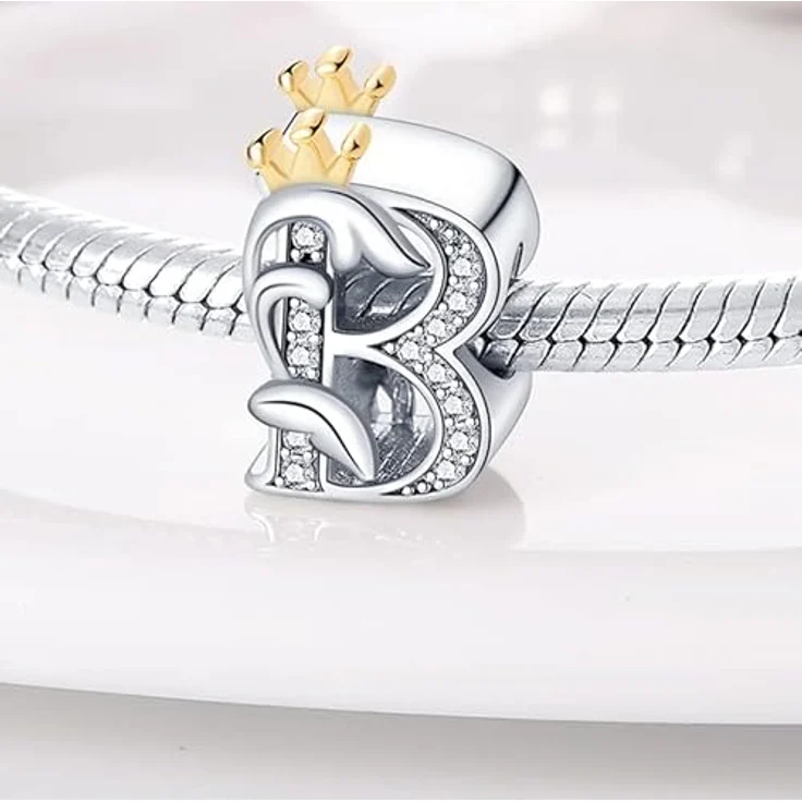 TINSLO Charm Anhänger Buchstabe B, 925 Sterling Silber mit Zirkonia, kompatibel mit Pandora Armbändern und Halsketten für Frauen und Mädchen – Bild 2