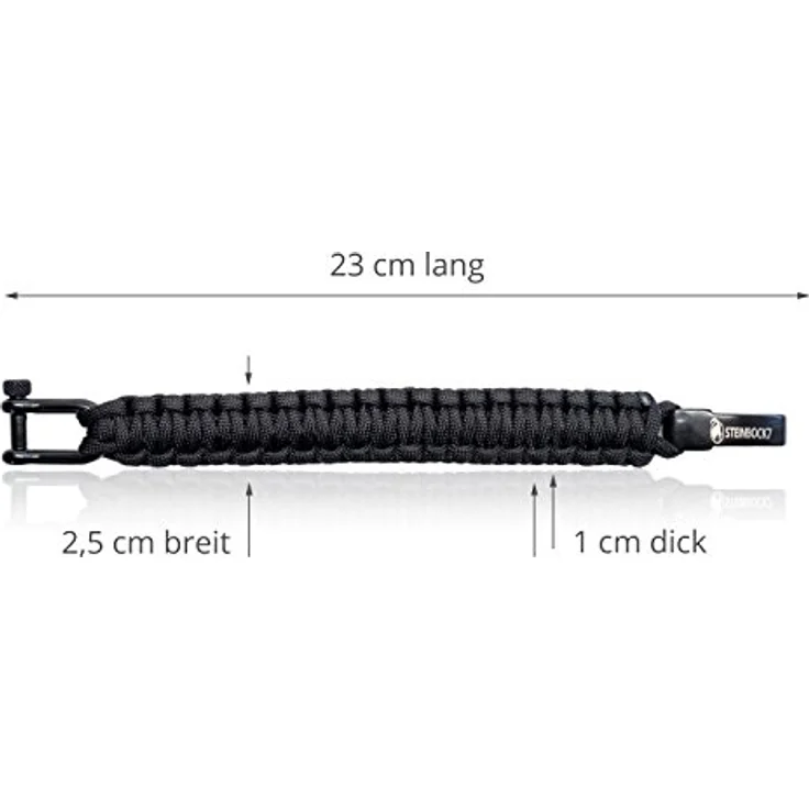 Steinbock7 Paracord Armband Herren Survival, geflochtenes Outdoor-Armband mit Edelstahlverschluss, verstellbar, schwarz – Bild 5