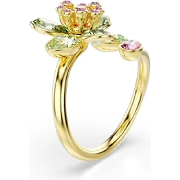 Swarovski Idyllia Offener Ring, Grüner vergoldeter Damenring mit Blumen-Motiv und Kristallen in Grün, Pink und Gelb, Größe 55 – Bild 2