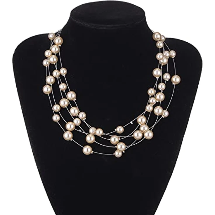 FULU AUTUMN Boho Perlenkette Damen Silber, mehrreihig, Perlen, 17" + 2.7" Verlängerung, Champagne – Bild 2