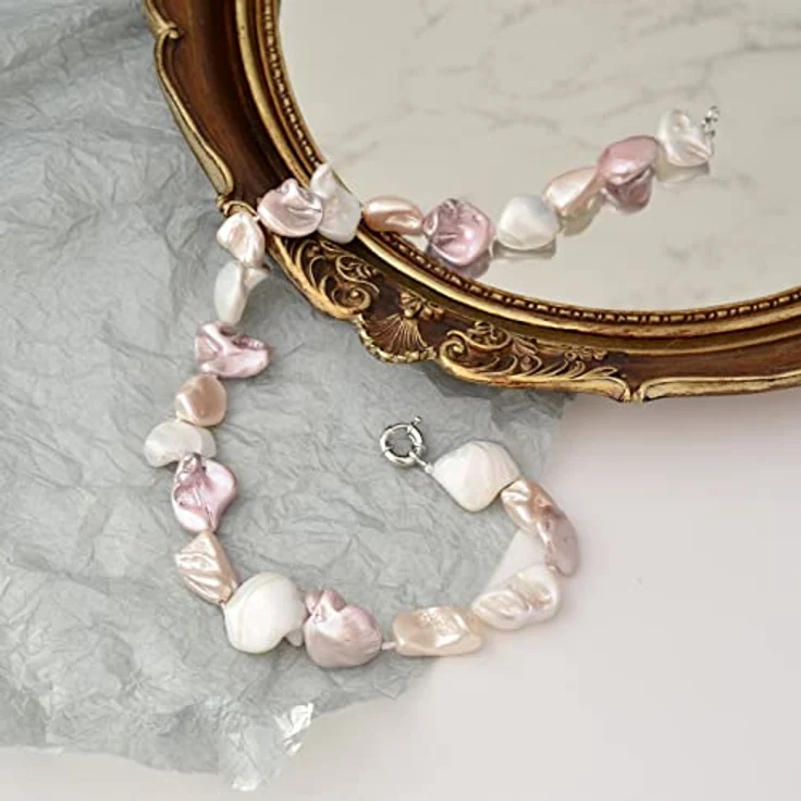 FULU AUTUMN Große Muschel Perlenkette Damen, Unregelmäßige Perlen Statement Choker Kette, 45 cm, Weiß-Rosa Boho Schmuck – Bild 4