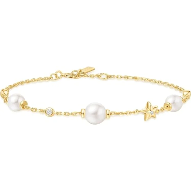 ANIA HAIE MISS DAINTY Star Station Damen Armband aus 925 Sterling Silber 14k vergoldet, mit 4 Muschelperlen und 7 Zirkonia, Länge: 16,5 + 2 cm, inkl. Geschenkverpackung – Bild 1