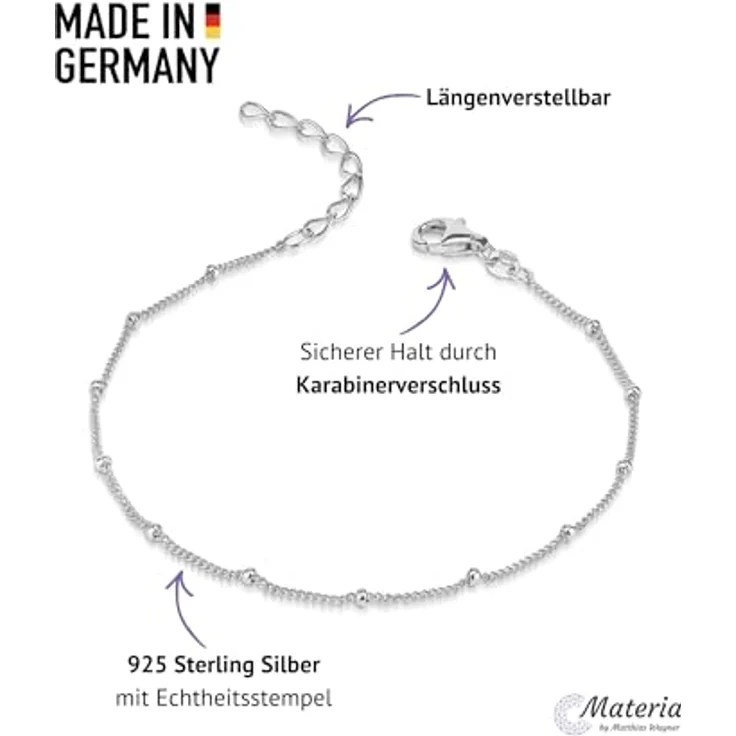 Materia Damen Armband Panzerkette mit Kugeln 1mm, 925 Silber, verstellbar 17-20cm, Geschenkbox SA-66 – Bild 4