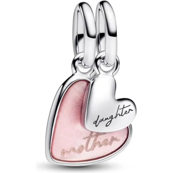 PANDORA Moments Teilbarer Mutter & Tochter Charm-Anhänger aus Sterling Silber mit rosafarbenem Kunst-Perlmutt, kompatibel mit ME und Moments Armbändern, 793766C01