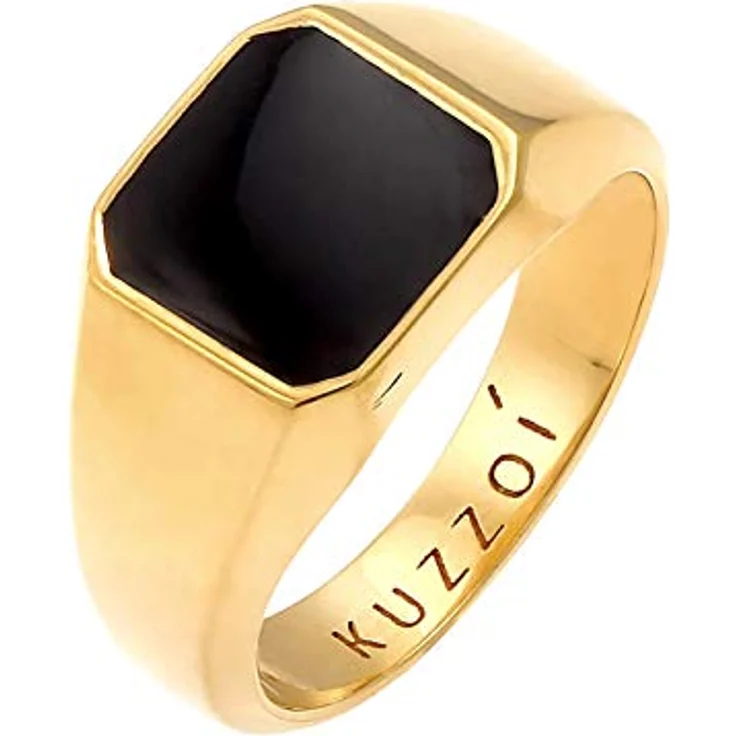 Kuzzoi Goldener Siegelring Herrenring Achteck mit schwarzer Emaille, 925 Sterling Silber vergoldet, 10 mm breit, Ringgröße 56 – Bild 1