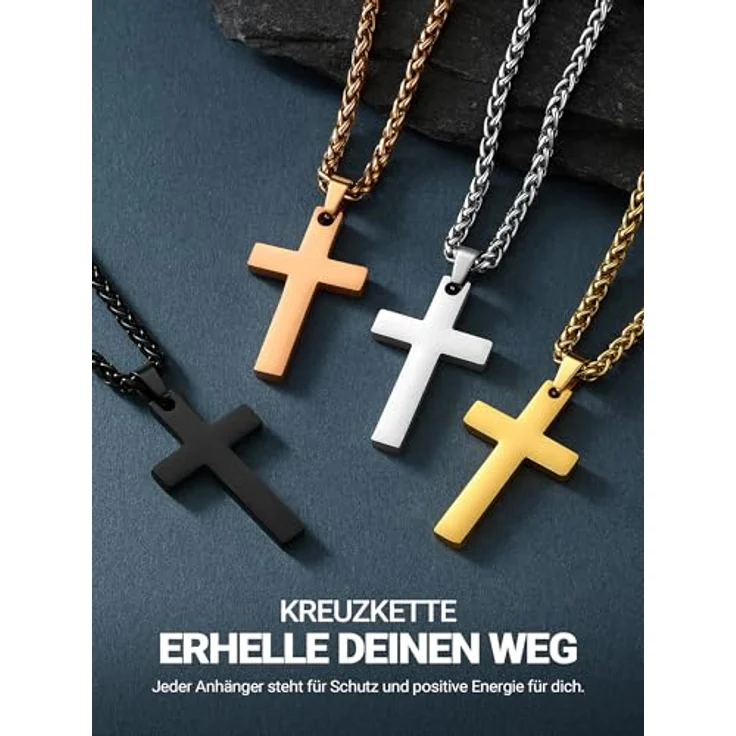 PROSTEEL Edelstahl Kreuz Kette, Halskette mit großem Kreuz-Anhänger 43mm*20mm, Silber/Gold/Schwarz/Roségold, 50cm/55cm verstellbar – Bild 4