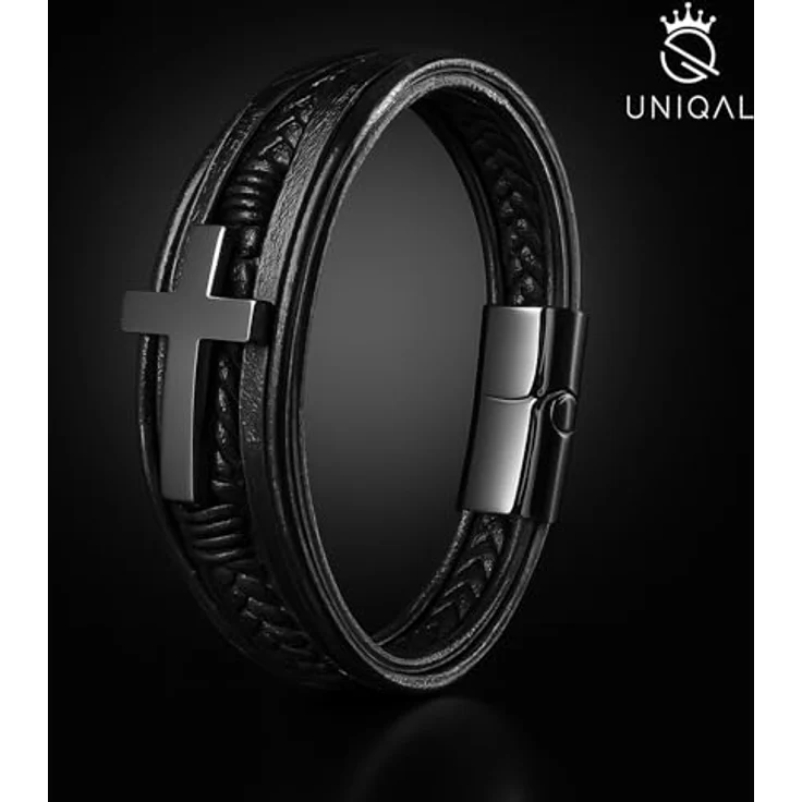 UNIQAL Kreuz Lederarmband Herren „HEAVEN“, Echtleder Armband mit Kreuz, schwarzes Cross Bracelet, verstellbarer Magnetverschluss, Geschenkbox inklusive, 23 cm mit Verlängerung – Bild 3
