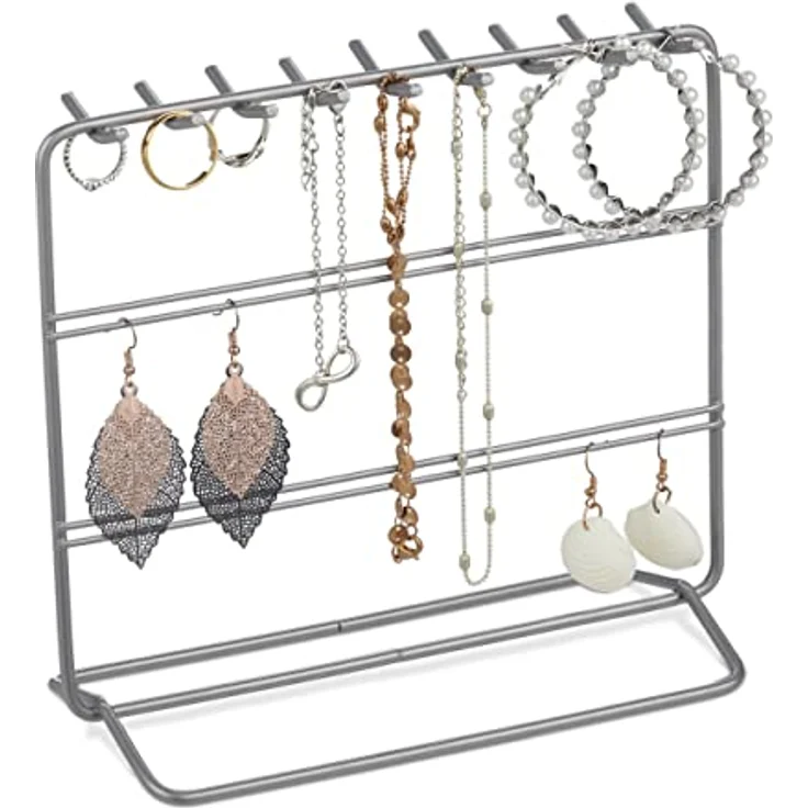 Relaxdays Schmuckständer, Ohrringhalter Metall mit 18 Haken und 4 Querstangen, Schmuckaufbewahrung, HxBxT: 18 x 20 x 9 cm, Farbwahl – Bild 1