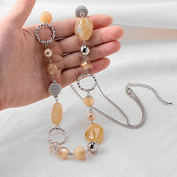 Bulinlin Damen Lange Perlenkette Boho Silber Metallkette mit Harz- und Glaskristallperlen, 35 Zoll + 3 Zoll verstellbar, Beige – Bild 4