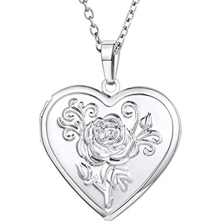 U7 Herz Medaillon zum Öffnen, Rosa Blumen Anhänger für Damen und Mädchen, Weißgold Heart Locket Necklace, 50-55 cm einstellbare Kettenlänge, Vintage Foto Amulett
