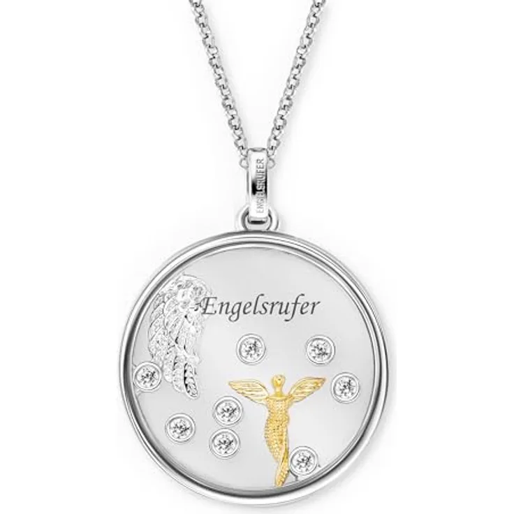 Engelsrufer Kette Glaslinse Engel Bicolor, Damen-Halskette aus 925er Sterlingsilber mit Zirkonia, Karabinerverschluss, verstellbare Länge 42+4+4cm