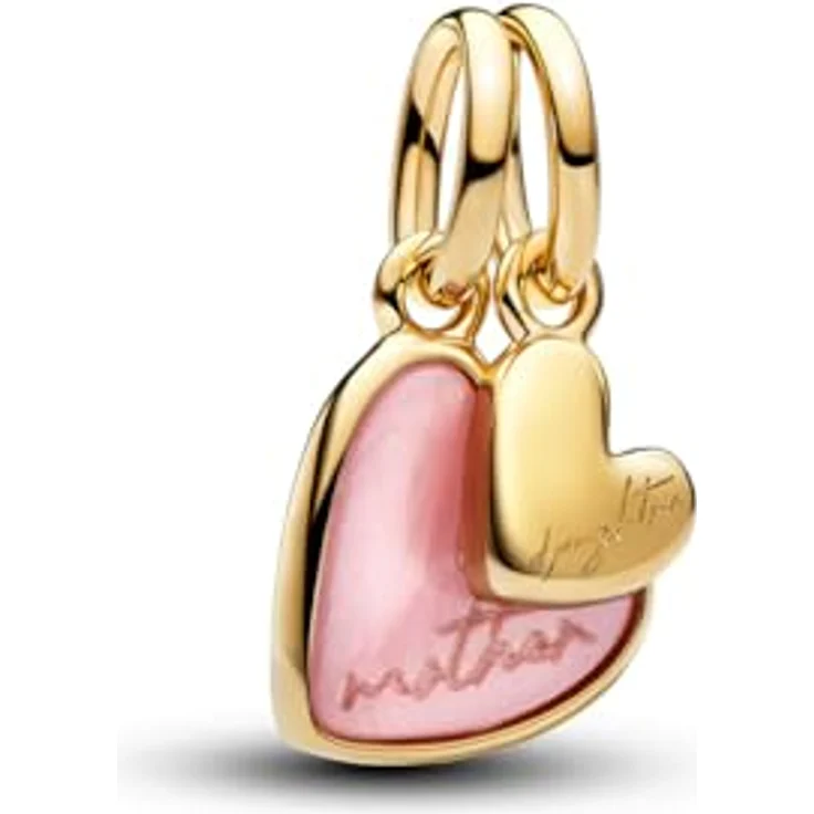 PANDORA Charm Mutter Tochter Anhänger, 14 Karat Vergoldung mit rosa Kunstperlmutt, graviertes Herzmotiv, kompatibel mit Moments ME, 763766C01 – Bild 1