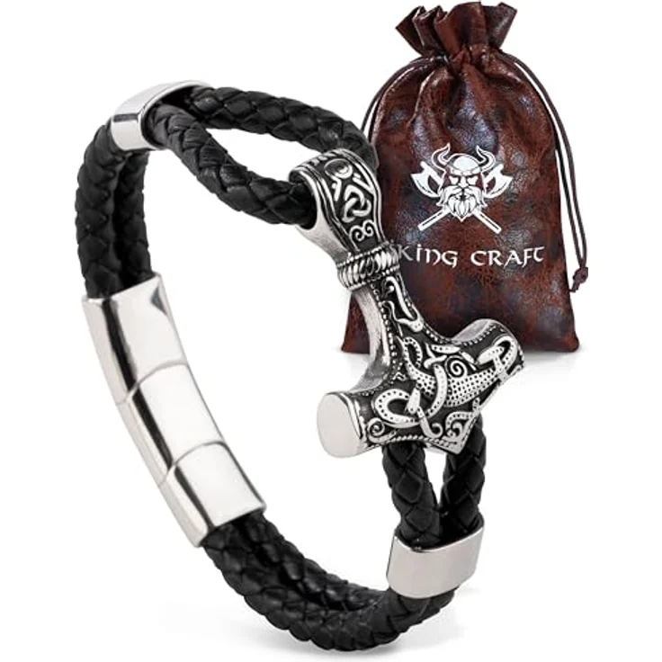 VIKING CRAFT Thor Lederarmband für Herren, 21cm, silber-schwarz, mit Mjölnir Anhänger aus Edelstahl, perfektes Wikinger Geschenk – Bild 1
