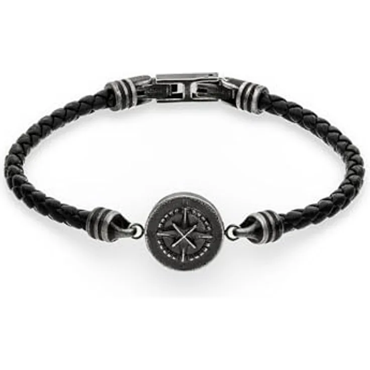 s.Oliver Herren Armband aus schwarzem Echtleder mit mattiertem Edelstahl und Kompass-Tag, 22 cm, stilvolles Geschenk