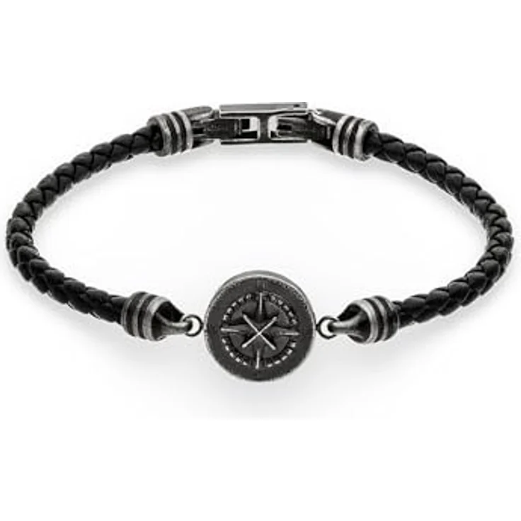 s.Oliver Herren Armband aus schwarzem Echtleder mit mattiertem Edelstahl und Kompass-Tag, 22 cm, stilvolles Geschenk – Bild 1