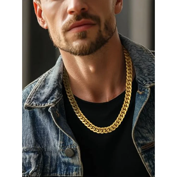 PROSTEEL Herren Hip-Hop Street Style Halskette, 14mm breite 18k vergoldete Panzerkette, 71 cm lang, gold – Bild 4