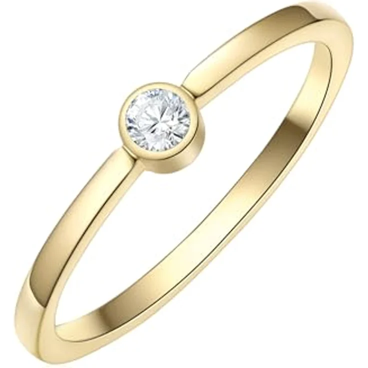 Eastside Damen Solitärring aus gelbvergoldetem Edelstahl, 14 Karat, mit weißem Zirkonia-Kristall, minimalistisch und bequem – Bild 2