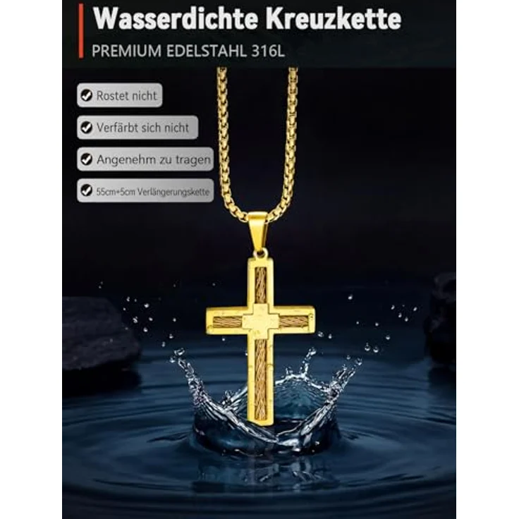 FaithHeart Kreuz Kette, Herren und Damen Edelstahl Venezianierkette mit Kreuz Anhänger, 55 cm lang in Gold, wasserdicht und hypoallergen – Bild 2