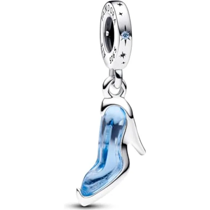 PANDORA Disney Cinderellas Glasschuh Charm-Anhänger aus Sterling-Silber mit hellblauem Kristall und Zirkonia-Steinen, kompatibel mit Moments Armbändern, 793071C01