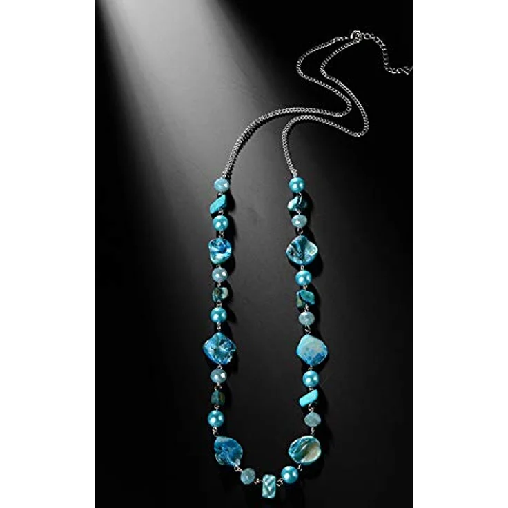 Bulinlin Damen Lange Perlenkette 35 Zoll Turquoise, Silber Metallkette, Boho Statement Modeschmuck für Hochzeitstag und Geschenke – Bild 5