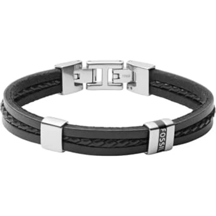 FOSSIL Herrenarmband aus Leder, Schwarz, mit Faltverschluss, Länge 180 mm und 195 mm