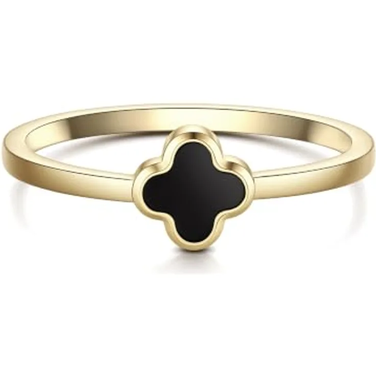 Glanzstücke München Fingerring Kleeblatt, Motivring aus Edelstahl in gelbgold mit schwarzem Achat