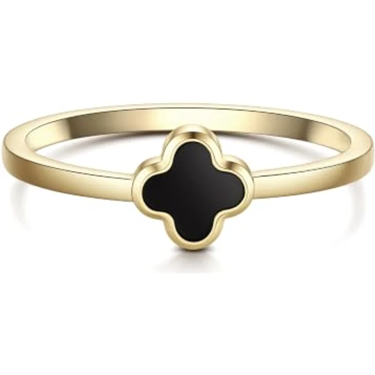 Glanzstücke München Fingerring Kleeblatt, Motivring aus Edelstahl in gelbgold mit schwarzem Achat – Bild 1