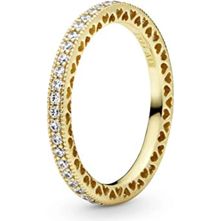 PANDORA Funkeln und Herzen Ring, 14 Karat vergoldete Metalllegierung mit Zirkonia, Größe 58, kombinierbar mit Schmuck Signature Kollektion