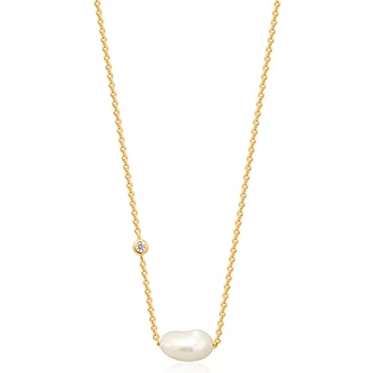 ANIA HAIE PEARL OF WISDOM Damen Halskette, 925 Sterling Silber 14k vergoldet, Zirkonia & Süßwasserperle, 38cm + 5cm Verlängerung, inkl. Geschenkverpackung
