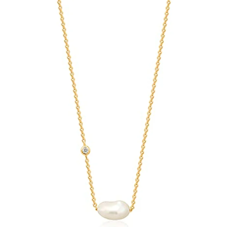 ANIA HAIE PEARL OF WISDOM Damen Halskette, 925 Sterling Silber 14k vergoldet, Zirkonia & Süßwasserperle, 38cm + 5cm Verlängerung, inkl. Geschenkverpackung – Bild 1