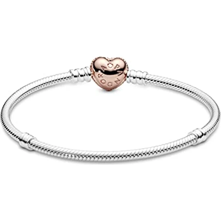 PANDORA Pavé-Herz-Verschluss Schlangen-Gliederarmband, Sterling-Silber mit 14 Karat rosévergoldeter Metalllegierung und Cubic Zirkonia, 18cm, Moments Collection – Bild 2