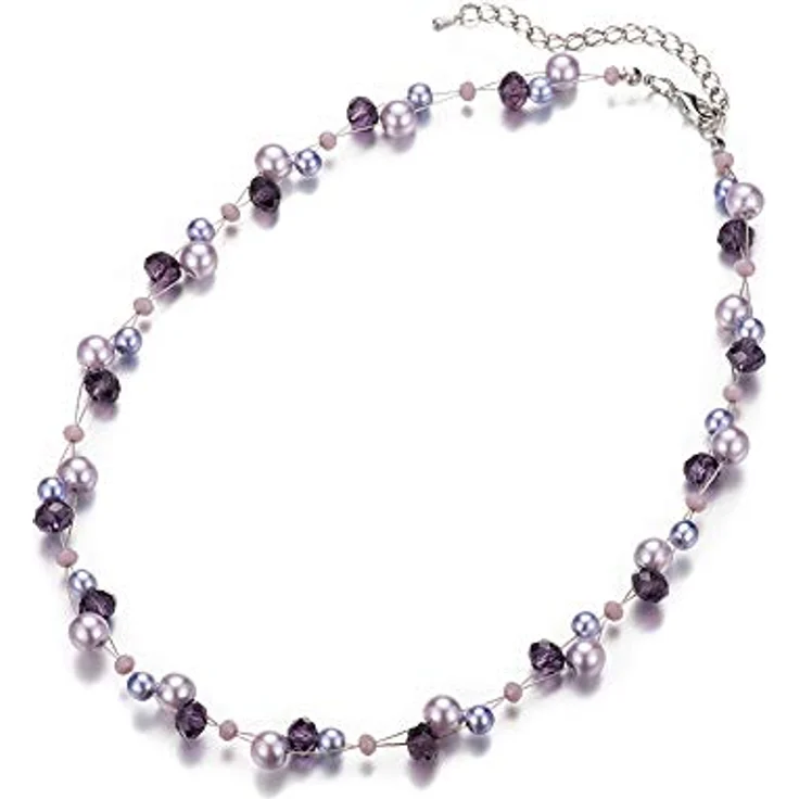 Bulinlin Damen Kristall Perlenkette Silber, Boho Statement Choker Halskette, lila, 17 Zoll plus 3 Zoll Verlängerung – Bild 2