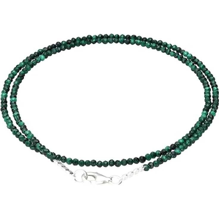 Lebensquelle Plus Malachit Kette 2 mm facettiert, 925 Silber, 45 cm, handgefertigt, Edelstein Damen