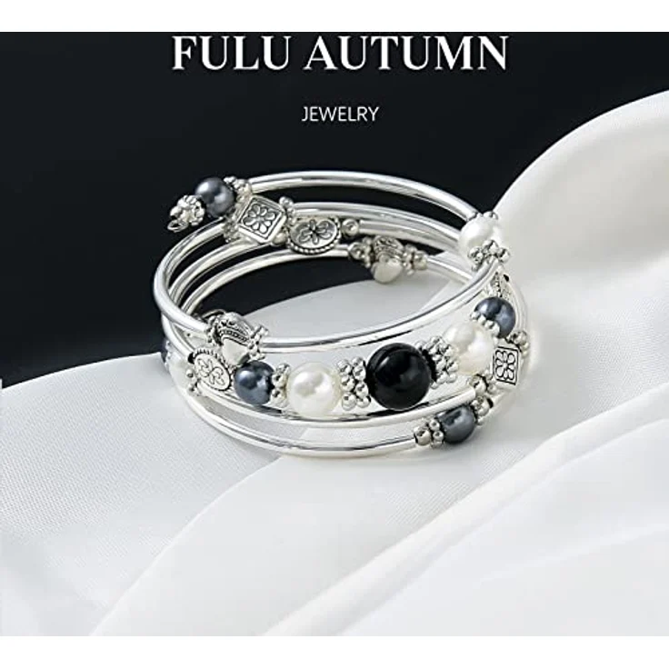 FULU AUTUMN Damen Boho Armband, mehrschichtiges Perlen Silber Wickelarmband, elegante Geschenke zum Geburtstag und Muttertag, schwarz – Bild 3