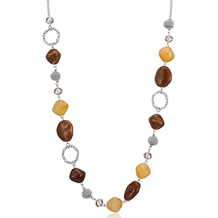 Bulinlin Silber Perplen Lange Kette, Boho Statement Chain Halskette aus Harz- und Metallperlen in Beige und Kaffee, 35+3 inches, für Damen - Modeschmuck Geschenkidee – Bild 1