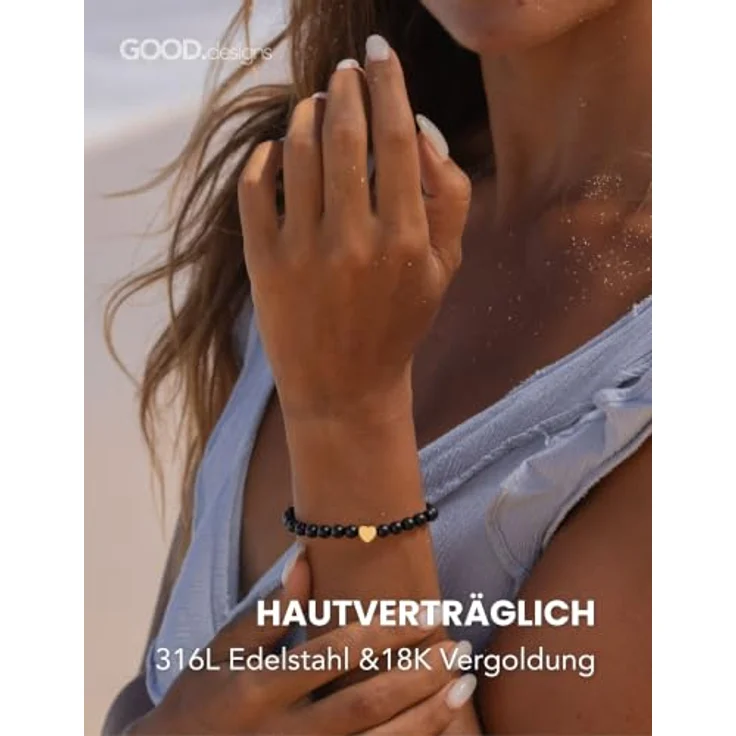 GD GOOD.designs Edelstein Turmalin Armband, 18K vergoldetes Edelstahl Herz, elastisch, 15–19 cm, wasserfest, mit 6 mm Natursteinperlen, inkl. Schmuckbeutel – Bild 3
