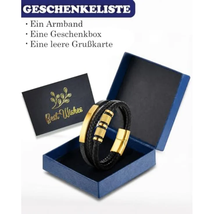 Fantocemea Herren-Lederarmband 23CM, geflochten mit Edelstahl-Magnetschließe, hochwertigem Vollnarbenleder und wasserfesten Beschlägen, perfektes Geschenkset in dunkelblau – Bild 2