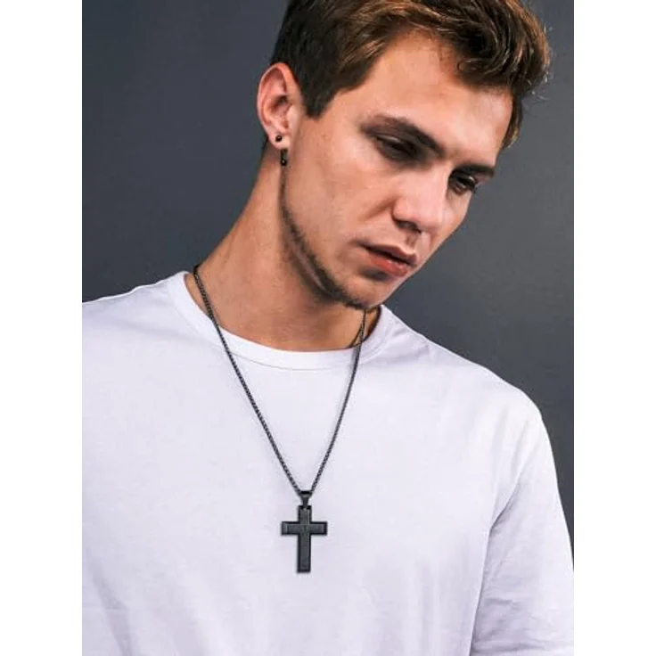 Richsteel Herren Kreuz Kette, Edelstahl Halskette in Silber/Gold/Schwarz, 55+5cm verstellbar, personalisierbarer Kettenanhänger – Bild 3