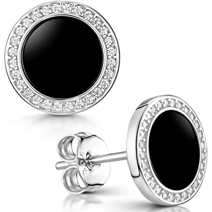 Materia Onyx Ohrstecker schwarz Damen - flache 925 Sterling Silber Ohrringe mit Zirkonia rund, rhodiniert, SO-394-Onyx
