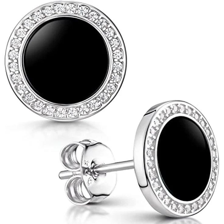 Materia Onyx Ohrstecker schwarz Damen - flache 925 Sterling Silber Ohrringe mit Zirkonia rund, rhodiniert, SO-394-Onyx – Bild 1