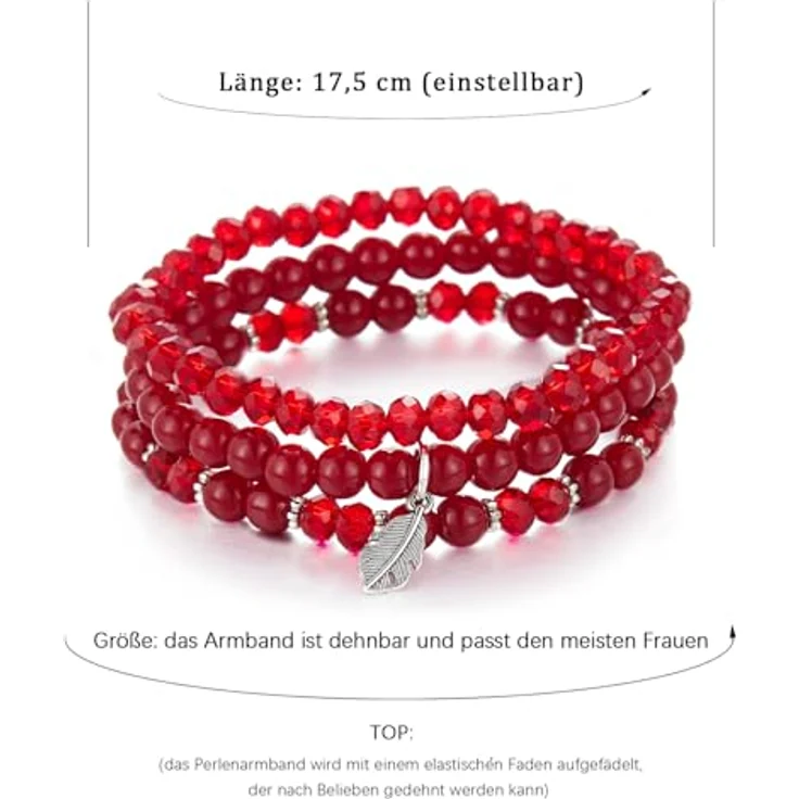 FULU AUTUMN Perlenarmband Set, Mehrschichtiges Stretch Damen Armband aus Naturstein und Kristall, Boho Modeschmuck in Rot für Mama, Oma und Frau – Bild 5