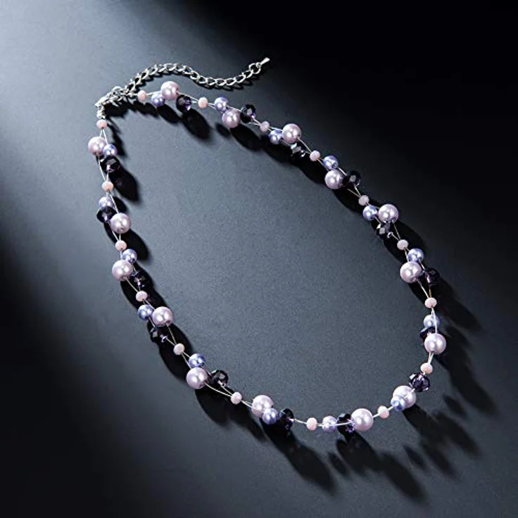 Bulinlin Damen Kristall Perlenkette Silber, Boho Statement Choker Halskette, lila, 17 Zoll plus 3 Zoll Verlängerung – Bild 4