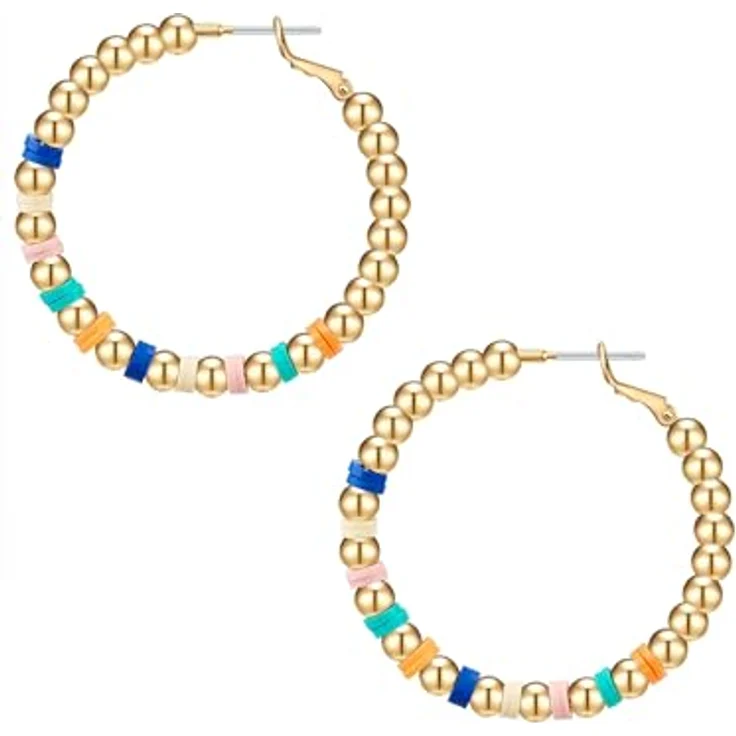 Yokoamii Damen Creolen, Metall-Legierung in Gelbgold-Optik mit bunten Plastikperlen, 49,9 mm Höhe, Modeschmuckohrcreolen in blau, weiß, rosa, türkis und orange – Bild 2