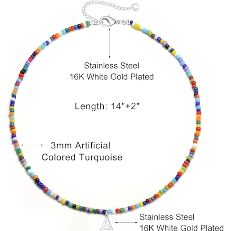 TINGN Bunte Perlenkette mit Buchstaben, Damen Halskette aus künstlichen Perlen und Edelstahl, verstellbar 35cm + 5cm, Sommer Boho Schmuck für Mädchen – Bild 4