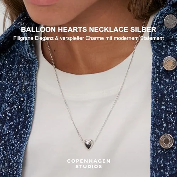 COPENHAGEN STUDIOS Balloon Hearts Halskette, filigrane Damenkette mit Herzanhänger aus poliertem Edelstahl, silber, verstellbare Länge 45-50 cm, wasserfest – Bild 2